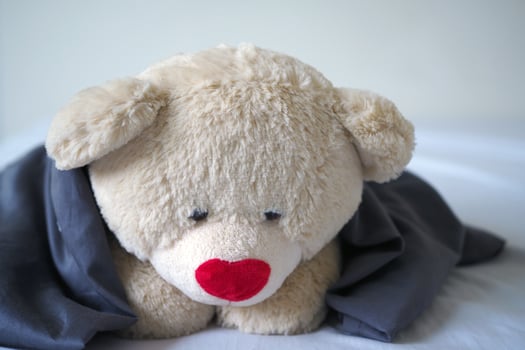 The concept of child sorrow Teddy bear lying alone, sad and disappointed photo