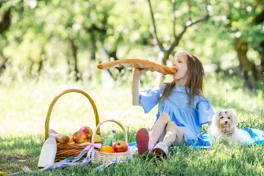Little kid with big bread on picnic in the park photo