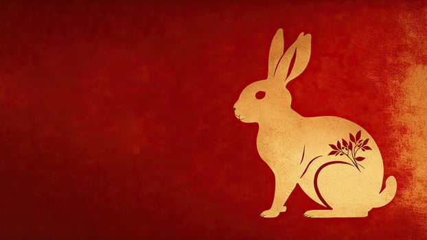Celebration landing page template. Happy Chinese New Year banner template. Red paper rabbit decorations on red background. Traditional holiday lunar New Year photo