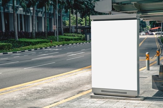 Digital Media blank advertising billboard in the bus stop, blank billboards public commercial with passengers, signboard for product advertisement design photo