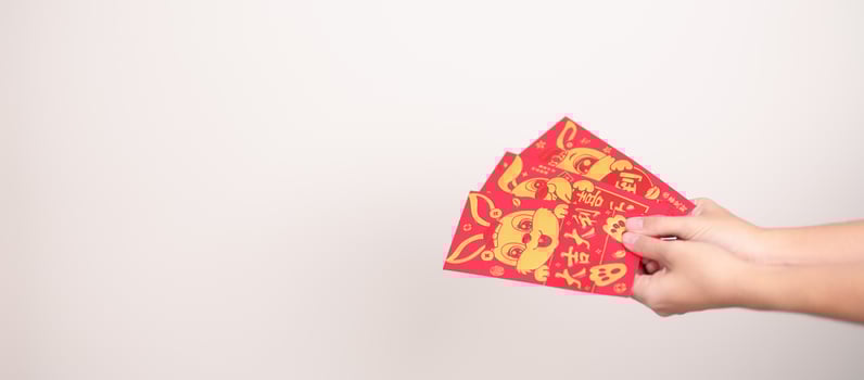 woman holding Chinese red envelope with golden rabbit and blessing word, money gift for happy Lunar New Year holiday. Chinese sentence means happiness, healthy, Lucky and Wealthy photo