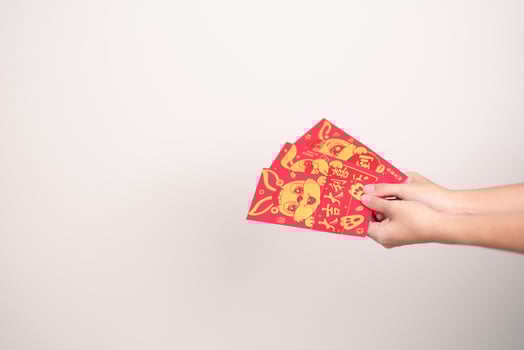 woman holding Chinese red envelope with golden rabbit and blessing word, money gift for happy Lunar New Year holiday. Chinese sentence means happiness, healthy, Lucky and Wealthy photo