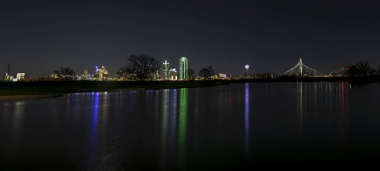 Panoramic picture of the Dallas Skyline from Trammel Crow Park at nighttime photo