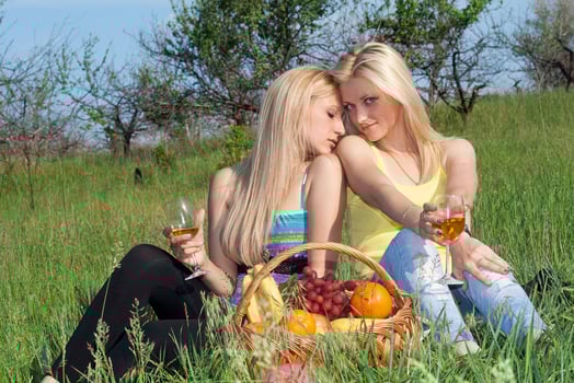 Two pretty blonde with wineglasses photo