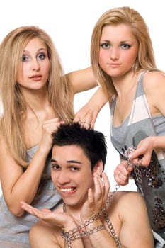 Two young blonde and a guy in chains photo