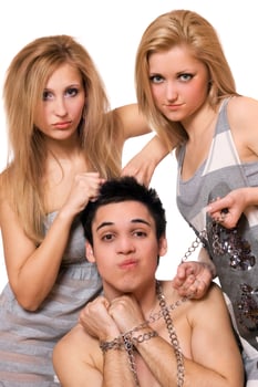 Two pretty blonde and a guy in chains photo