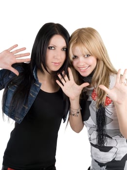 Young blonde and the brunette. Isolated on white photo
