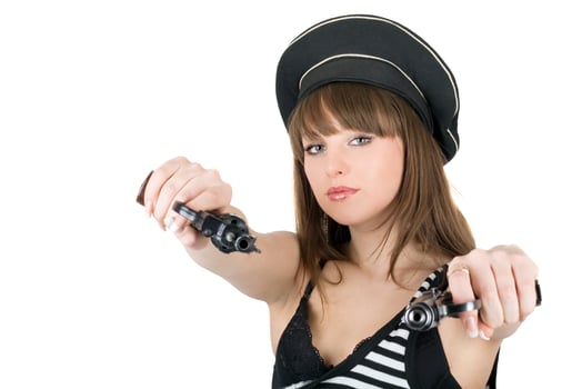 Portrait of the pretty sailor with pistols. Isolated photo