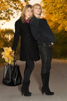 Two young blondes with autumn leaves on a road photo