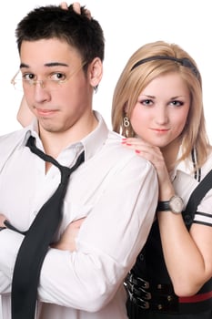 Portrait of pretty funny student pair. Isolated photo