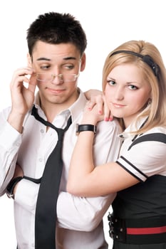 Pretty funny student pair. Isolated photo