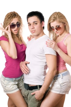two passionate blonde women with handsome young man photo