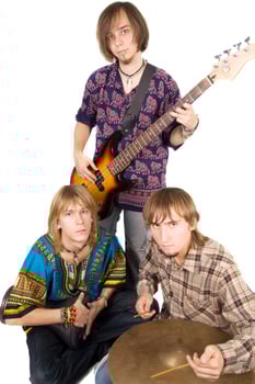 Musical band, the guitarist and two drummers photo