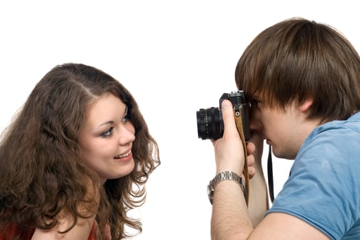 Photographer taking pictures of the young woman. isolated 3 photo