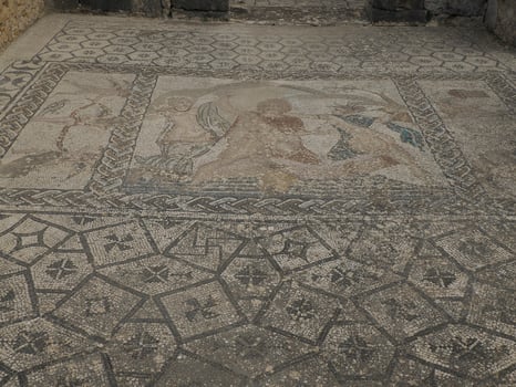 mosaic in Volubilis Roman ruins in Morocco- Best-preserved Roman ruins located between the Imperial Cities of Fez and Meknes photo