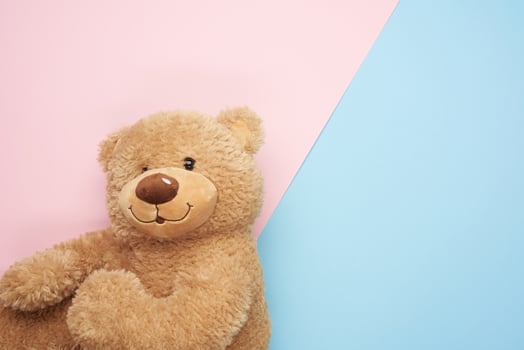 cute brown teddy bear on a pink-blue background, top view photo