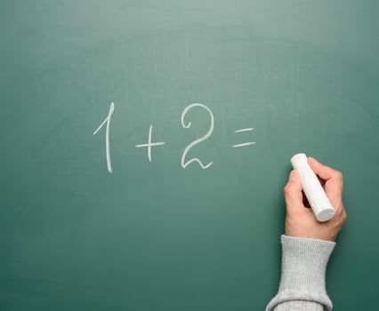 math example written in white chalk on a green chalk board and a woman's hand with white chalk photo