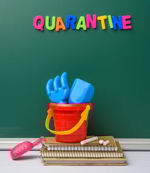inscription quarantine from multi-colored plastic letter on a green chalk board photo