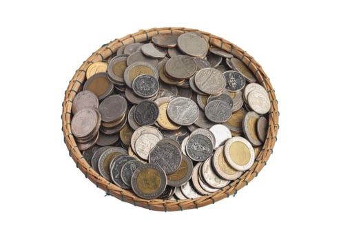 Coins in a bamboo basket on a white background.Saving money concept photo