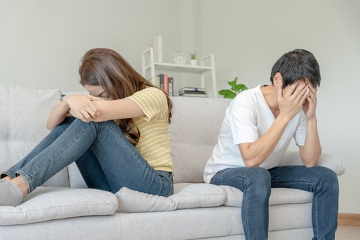 Divorce. Asian couples are desperate and disappointed after marriage. Husband and wife are sad, upset and frustrated after quarrels. distrust, love problems, betrayals. family problem, teenage love photo
