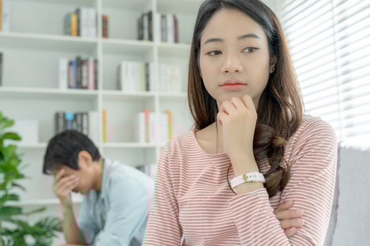 Divorce. Asian couples are desperate and disappointed after marriage. Husband and wife are sad, upset and frustrated after quarrels. distrust, love problems, betrayals. family problem, teenage love photo
