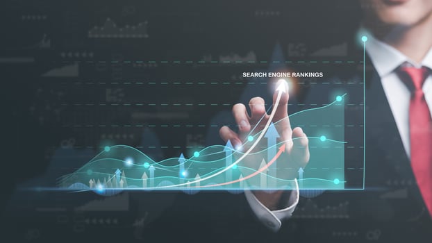 Marketer pointing to graph and showing concept SEO Optimization Analyzer search engine ranking Social media sites based on results analytics data,marketing strategy to make consumers discover website photo