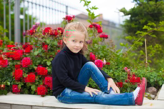Little girl sitting by red roses photo