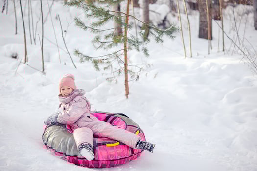 Adorable little happy girl sledding in winter snowy day. photo
