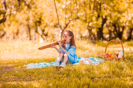 Little kid with big bread on picnic in the park photo