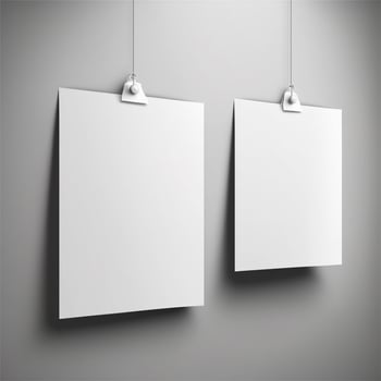 Blank posters hanging with shadows, Hanging white paper on binders, A4 paper page, mockup, sheet on wall photo