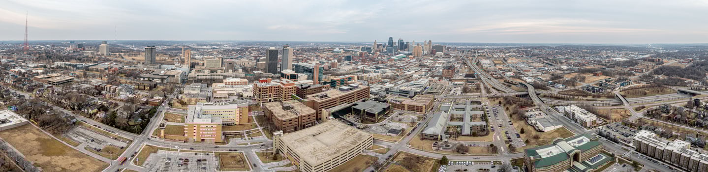 Drone panorama of Kansas City skyline during sunrise photo