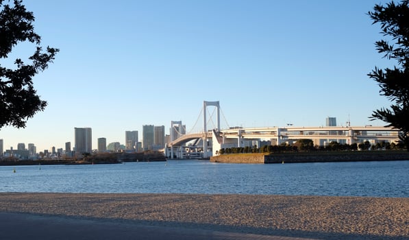 Rainbow Bridge going over Tokyo Bay in Tokyo, Japan photo