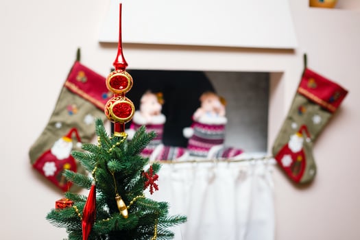 Christmas decoration of fireplace in living room photo