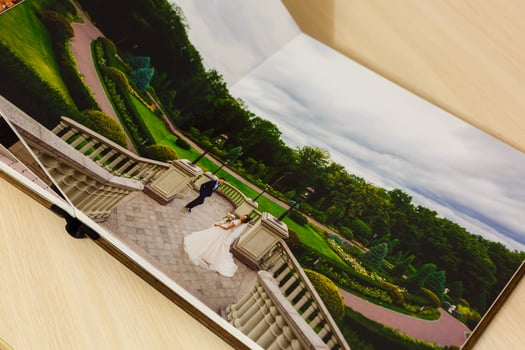 Pages of wedding photobook or wedding album on white background photo