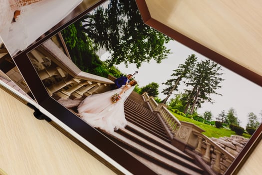 Pages of wedding photobook or wedding album on white background photo