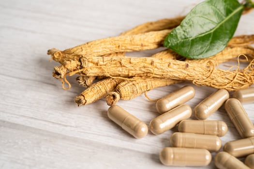 Ginseng, dried vegetable herb. Healthy food famous export food in Korea country. photo