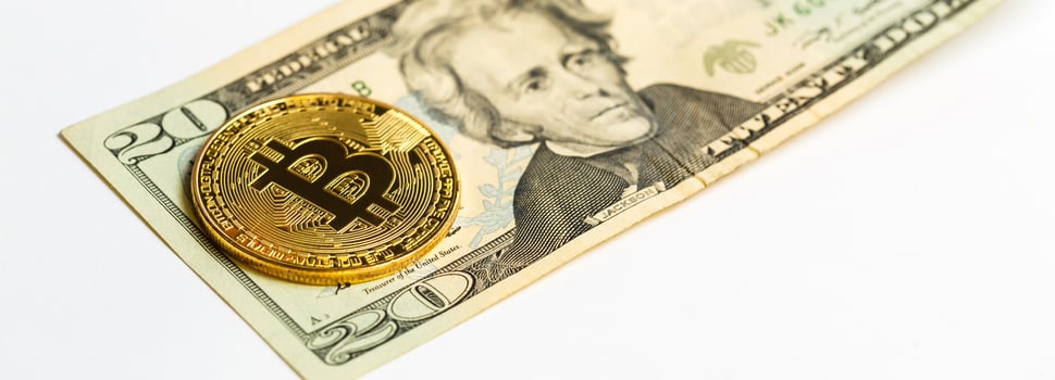 Gold bitcoin on a white background next to us paper money with a face value of dollars photo
