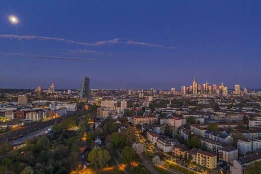 Aerial picture of Frankfurt skyline and European Central Bank building during sunrise in morning twilight photo