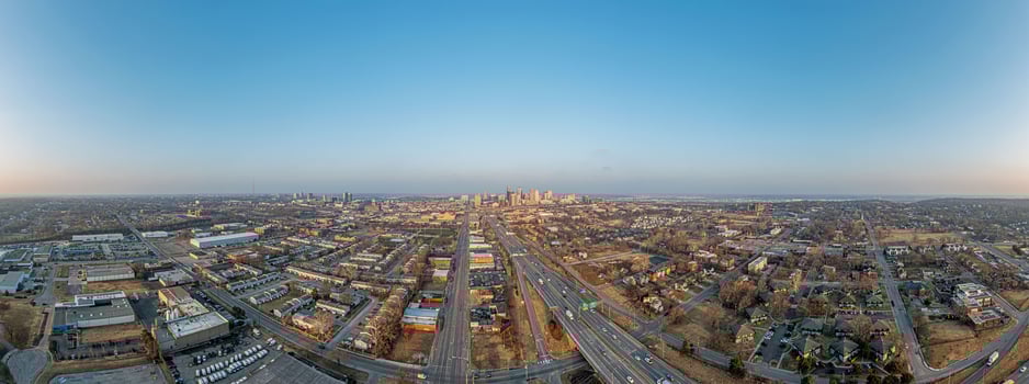 Drone panorama of Kansas City skyline during sunrise photo