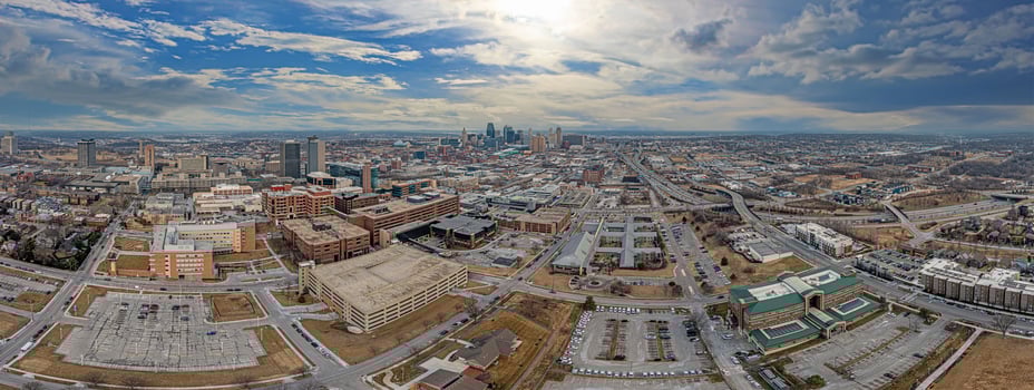 Drone panorama of Kansas City skyline during sunrise photo