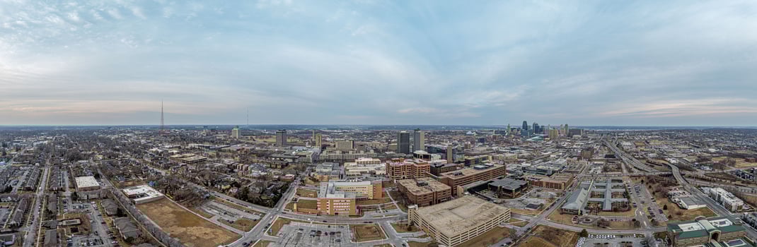 Drone panorama of Kansas City skyline during sunrise photo