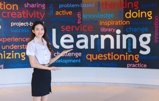 Portrait of adult Thai student. Beautiful Asian young woman student in uniform is smiling and looking at camera to present something confidently in the university. photo