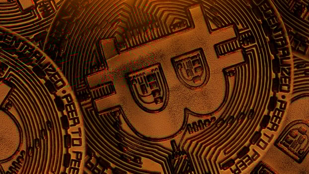 Golden sign bitcoin virtual crypto currency btc. Electronic decentralised money, modern payment, finance, online business, stock, savings, investments. Convenient payment in global economy market. photo