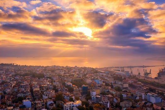 Amazing aerial view from the drone of the city and sea with beautiful clouds. Varna, Bulgaria photo