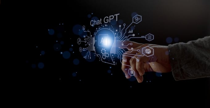 Businessman holding a light chatbot icon. Chat GPT AI or Artificial intelligence using chatbot generate photo