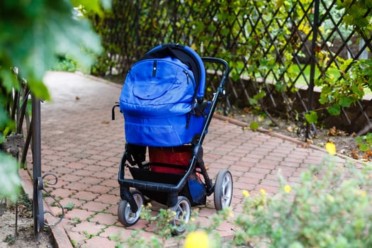 Old up cycled stroller, now used as a mobile flowerbed. Alternative gardening in the city. photo