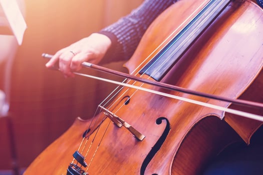 A young girl plays the cello in the dark. Hands on cello photo