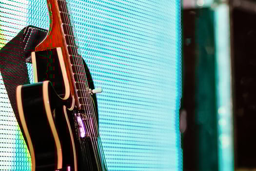 Setting up guitar audio processing effects and electric guitar photo