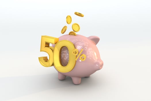 3D piggy bank with golden coin and number 50 photo
