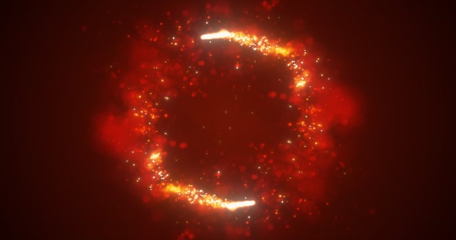 Abstract orange fiery lines and cyclic circles with energy magic sparks from particles, abstract background photo